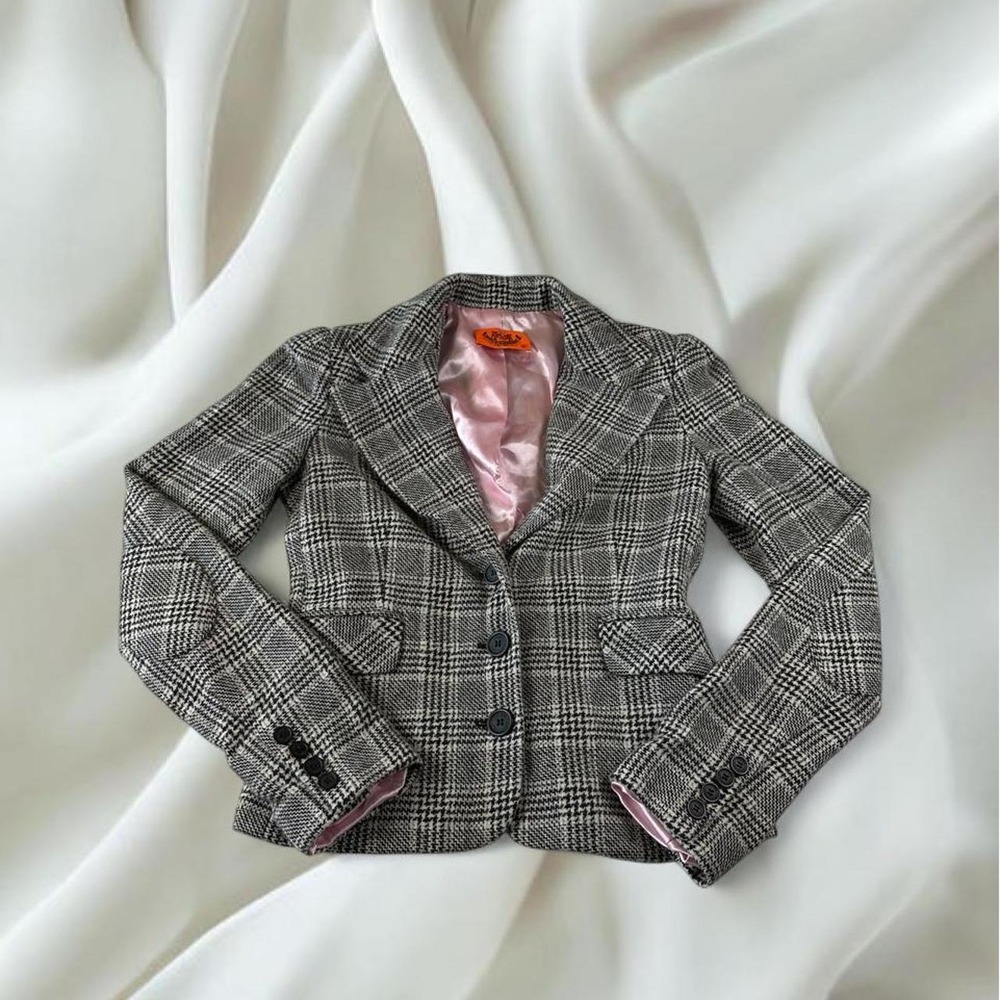 Juicy Couture wool plaid blazer pink satin office siren workwear y2k mcbling